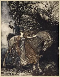 Brunnhilde med sin häst vid grottans mynning, illustration från "Rhinegold och Valkyrian", 1910